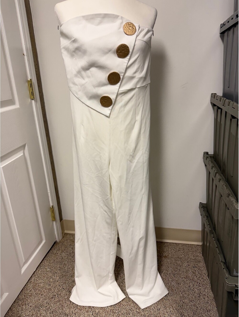 White Cream Strapless Jumpsuit with Decorative Gold Buttons - Large